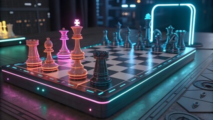 Close-up of a cybernetic chessboard, neon pieces glowing in an intense cyberpunk strategy match.