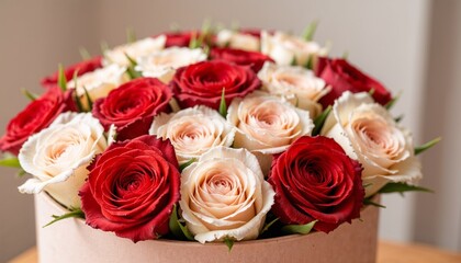elegant bouquet of red and white roses in round gift box, luxury floral arrangement for romantic occasions and celebrations
