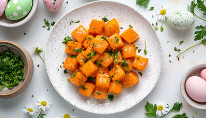 Elegant easter table with colorful eggs and gourmet side dish - concept of spring celebration and festive dining