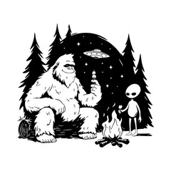 Bigfoot and Alien with marshmallow. In a mysterious night forest, a yeti and an alien enjoy a cozy fire. Vector illustration