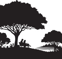 Silhouette  vector of two people on a tree on white background