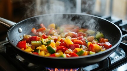 A sizzling symphony of vibrant vegetables sauteing in a pan, culinary delight