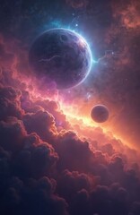 Colorful night sky space with nebula, galaxies. Planets, cosmic clouds, stars in universe. Astronomy concept background. Outer space illustration, cosmos, astrology, sci-fi wallpaper.