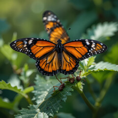 Fototapeta premium vibrant butterfly perched green leaves, showcasing its striking orange and black wings