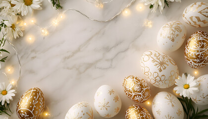 Obraz premium Elegant easter decoration with glowing fairy lights and golden eggs. concept of spring festivity, holiday decor, luminous celebration, seasonal