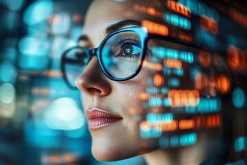 Woman wearing glasses surrounded by digital code projections