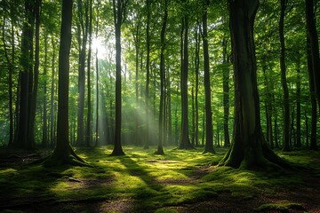 Obraz premium the wondrous span of a vivid woodland where green giant trees blend in a rich sway with the heavens up high. 