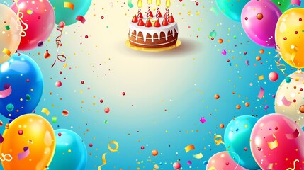 Beautifully designed birthday card template festive background featuring colorful balloon confetti delicious cake glowing candle center of card elegant blank space subtle golden border writing