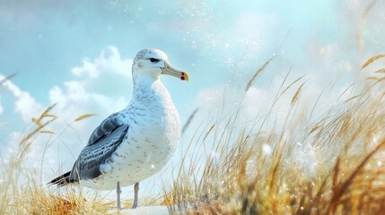 Coastal Seabird Amidst Golden Grass