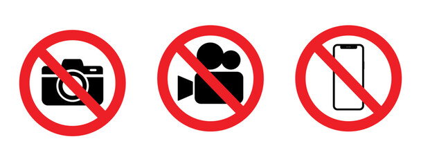 Prohibited symbol sign set , no photography, no video, do not use the phone, prohibit icon logo collection. Vector illustration image. Isolated on white background.