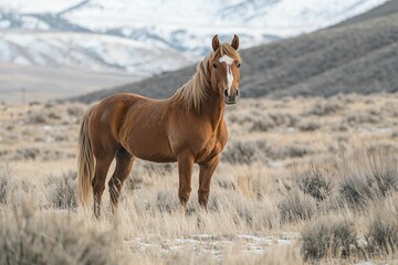 Majestic horse in snowy mountain landscape.
