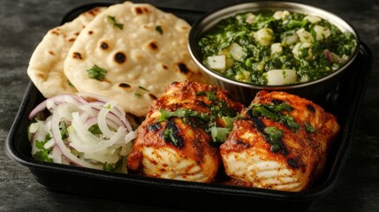 Delicious Indian Tandoori Fish with Naan and Saag