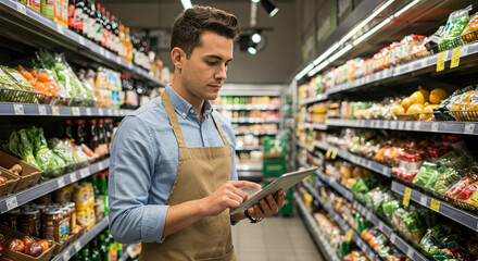 Fototapeta premium Young man in apron uses tablet in supermarket aisle, surrounded by shelves stocked with groceries, showcasing modern retail technology and inventory management