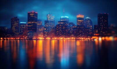 Obraz premium Night city skyline, vibrant lights, water reflection.