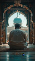 Serene Moment of Prayer Man Finds Peace and Reflection in the Sacred Ambiance of a Mosque