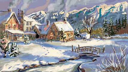 Snowy mountain village scene digital painting style winter landscape