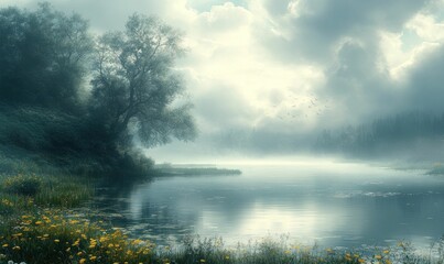 Serene misty lake, wildflowers, solitary tree, birds flying.