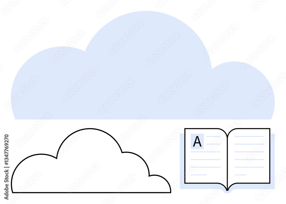 Poster cloud elements and an open book with a large a letter represent digital storage, knowledge sharing, 