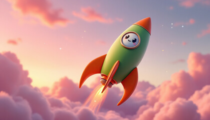 A green cartoon rocketship flying through a beautiful pink sky