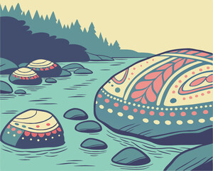 Mesmerizing in its play of light and texture, submerged river rocks reveal intricate patterns and vibrant colors that captivate senses 