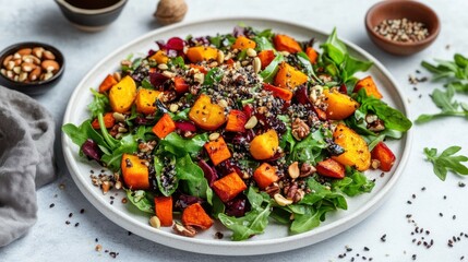 A high-resolution shot of a colorful salad with leafy greens, nuts, seeds, and roasted vegetables, drizzled with olive oil and balsamic vinaigrette, served on a clean white plate.