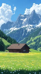 Obraz premium Alpine Cabin Meadow Mountain Scenery Summer Day