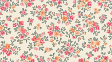  Delicate Floral Pattern &ndash; Pink, Orange, and Red Flowers on Cream