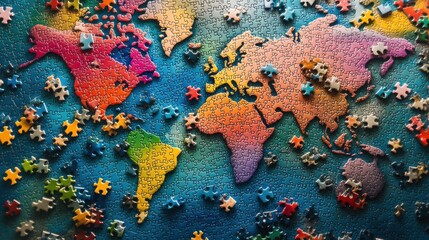 An overhead shot of scattered colorful puzzle pieces forming a world map, with a few pieces already connected, displaying continents and countries in vibrant, eye-catching colors.