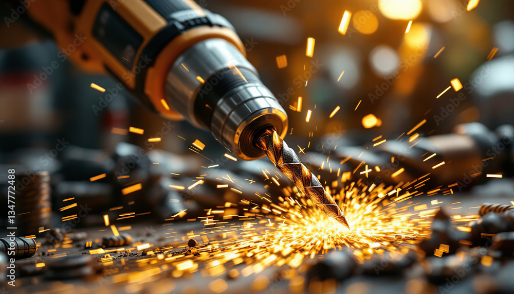 Poster a power drill is creating sparks while drilling into material