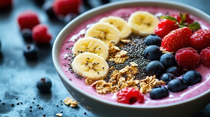 A close-up of a healthy smoothie bowl, topped with fresh fruits like berries, banana slices, chia seeds, and granola, offering a visually appealing, nutrient-packed breakfast