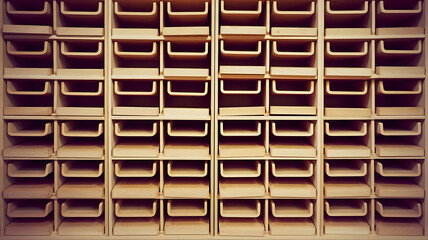 Organized compartments of light brown wood.
