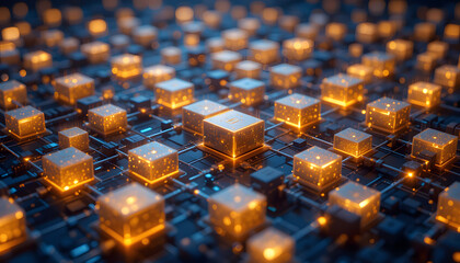 Fototapeta premium Glowing Orange Cubes on a Blue Circuit Board Background