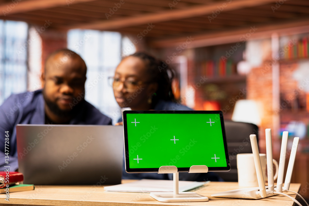 Poster african american couple work as a team to fix their wi-fi setup next to copy space, troubleshooting 