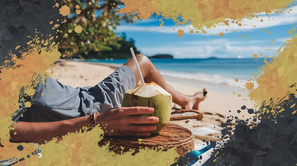 Relaxing beach scene coconut drink summer vacation abstract background