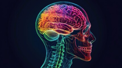 A detailed side profile illustration of a human skull and brain, with intricate anatomical details highlighted in vibrant colors, showing different regions of the brain and bone structure.
