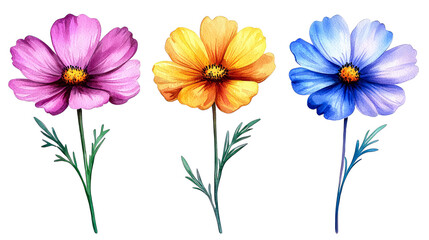 Vibrant Watercolor Cosmos Flowers: Pink, Yellow, Blue Blooms, Botanical Illustration, Floral Art Print