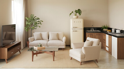 Cozy open-plan living area with a kitchenette Modern neutral tones Stylish compact design