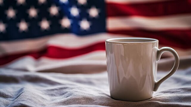 Cup on a table in front of an American flag background during a quiet morning at home
