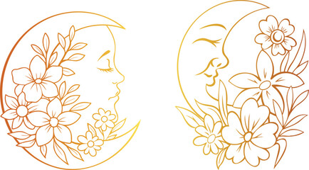 Set of Half Moon with Botanical Flowers and Plants Combination Line Art Vector Design | Mystical Floral Moon Illustration