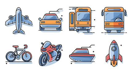 Flat-lined transportation icons various modes of travel