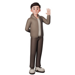3D illustration of a casual cartoon man in brown dressed. shows greeting gesture with waving right hand