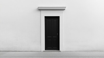 A minimalist, high-contrast image of a black door icon centered on a smooth grey backdrop, with clean lines and sharp edges, creating a simple yet striking visual.