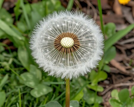 A close up of a dandelion seed head in nature