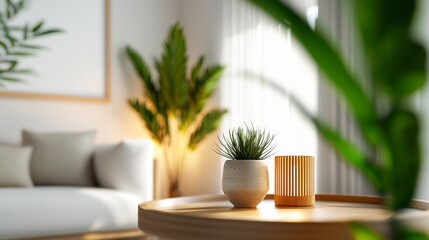 Fototapeta premium Scandinavian-Japanese hybrid living space, minimalist decor, earthy textures, potted greenery, clean lines, modern art on white walls, soft ambient lighting