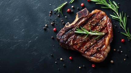 Grilled t-bone steak seasoned with rosemary and peppercorns on black background