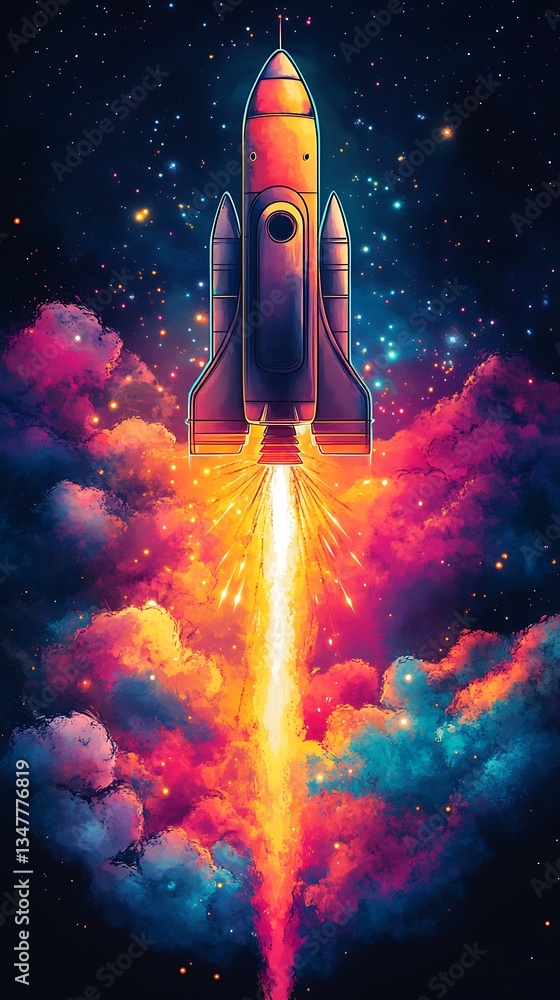 Poster cosmic rocket launch through nebula cloudscape