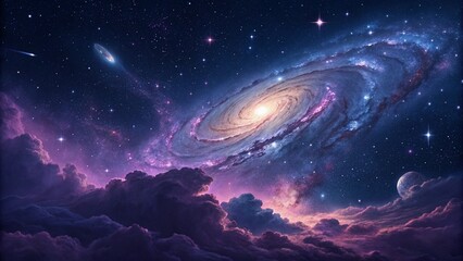 "A vast cosmic space scene with a swirling galaxy at the center, glowing nebula clouds in shades of purple and blue, and distant stars scattered across the dark sky, creating a dreamy, mystical backdr