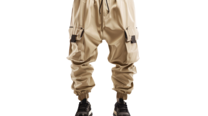 Beige cargo pants with black sneakers on transparent background