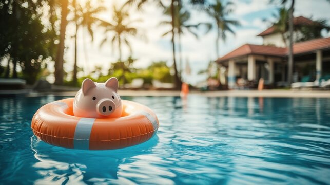 Piggy bank floating on lifebuoy in resort swimming pool symbolizing travel savings
