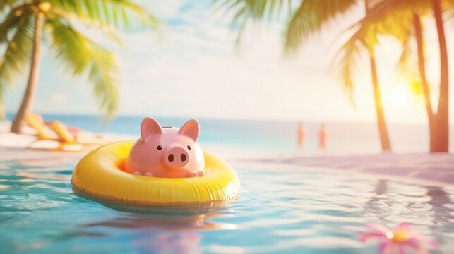 Piggy bank relaxing on inflatable ring in infinity pool overlooking tropical beach at sunset